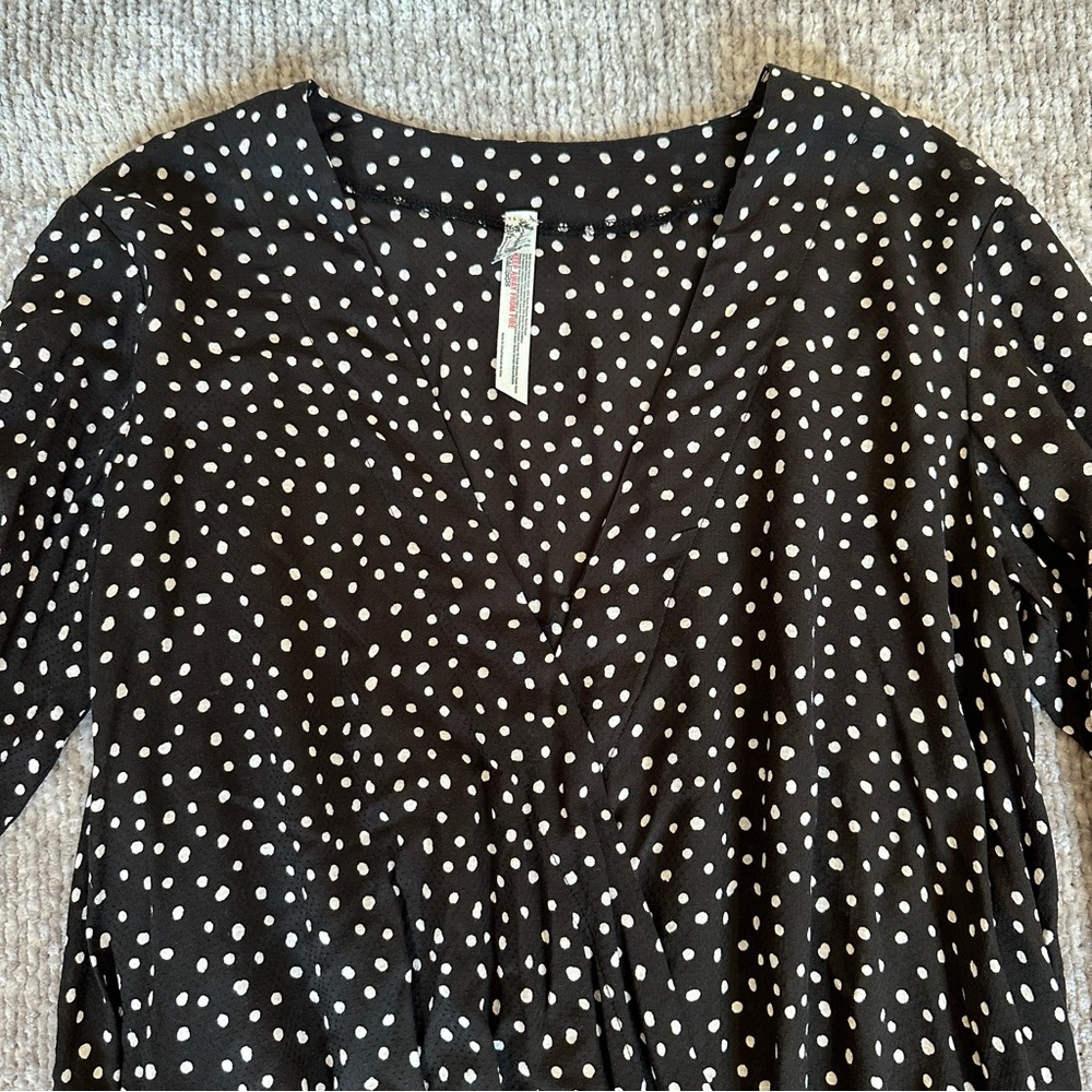 Free People Makin Waves Black Polka Dot Wrap Bell Sleeve Bodysuit - Picture 3 of 12